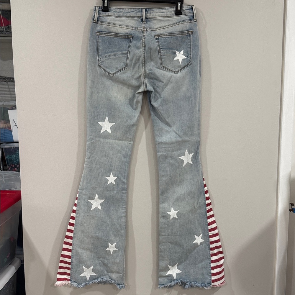 DRIFTWOOD Light Wash Star Print Flare Jeans with Red & White Stripe Inset - Picture 5 of 6